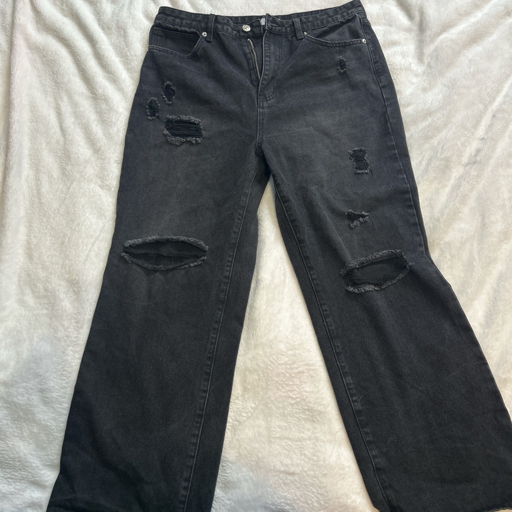 Forever 21 Charcoal Distressed Wide Leg Jeans